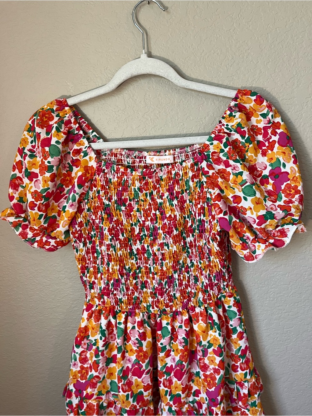 Kirundo Floral Smocked Mini Dress Small Puff Sleeve Tiered Cottagecore Spring - Picture 4 of 10